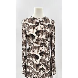 H&M Ivory Big Cat Leopard Print Dress Long Sleeve Knee Length 6 Small